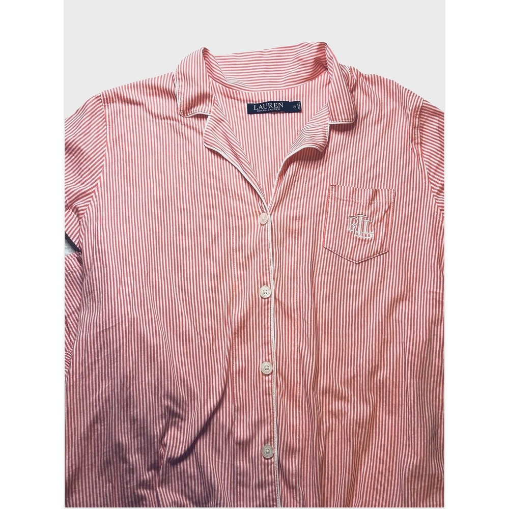 Lauren Ralph Lauren XL Monogram Striped Jersey Notched Collared Pink Pj Set - Picture 3 of 16
